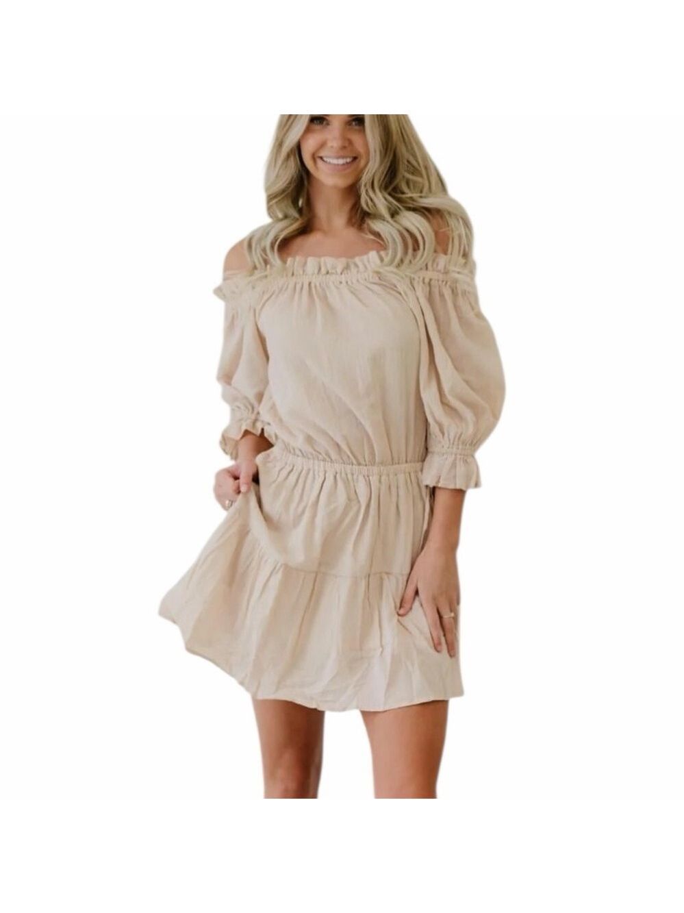 Ninexis Sunny Days Off-the-Shoulder Smocked Mini Dress Oatmeal Puff Sleeves S